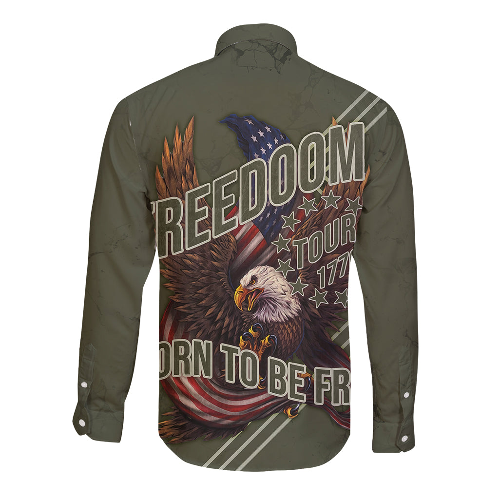 Olive long sleeve button shirt with bold back eagle graphic and patriotic text