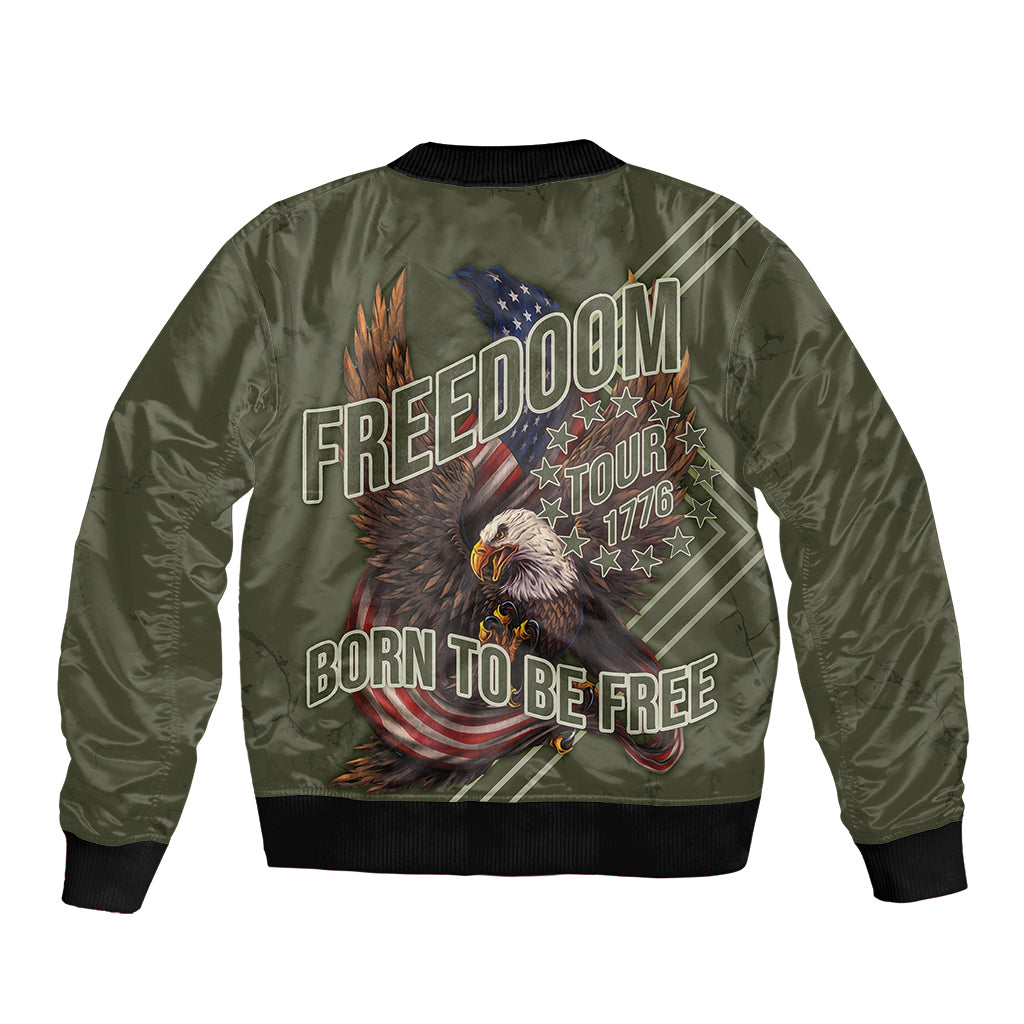 Olive zip bomber jacket with eagle freedom graphic, ribbed collar and cuffs