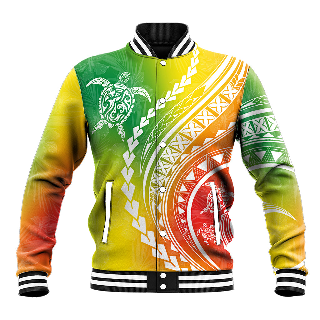 Green-yellow-orange baseball jacket with Polynesian graphic, striped ribbed collar/cuffs