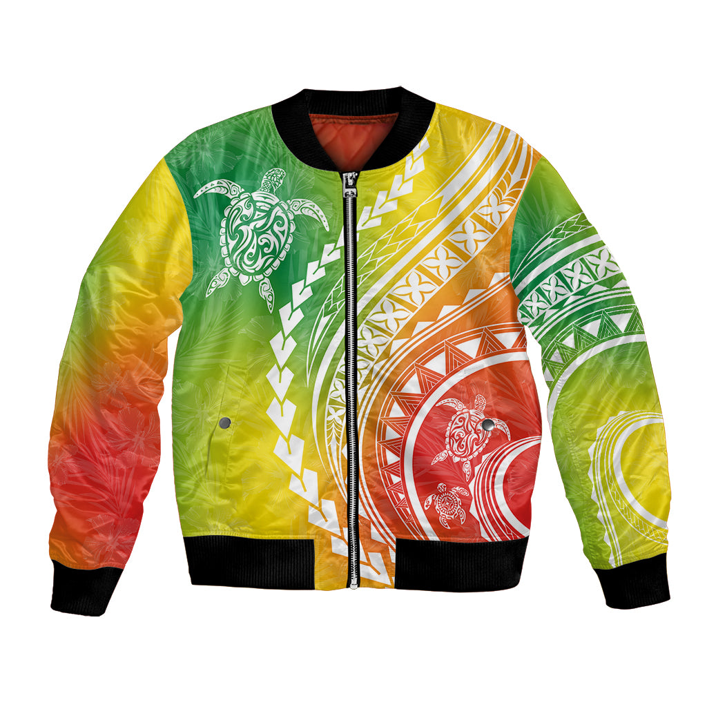 Multicolor bomber jacket with turtle hibiscus graphics, front zipper, black ribbed cuffs