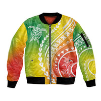 Multicolor tropical bomber jacket with full-zip, ribbed cuffs, and bold Polynesian print