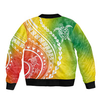 Multicolor tropical bomber jacket with ribbed hem and large back Polynesian graphic