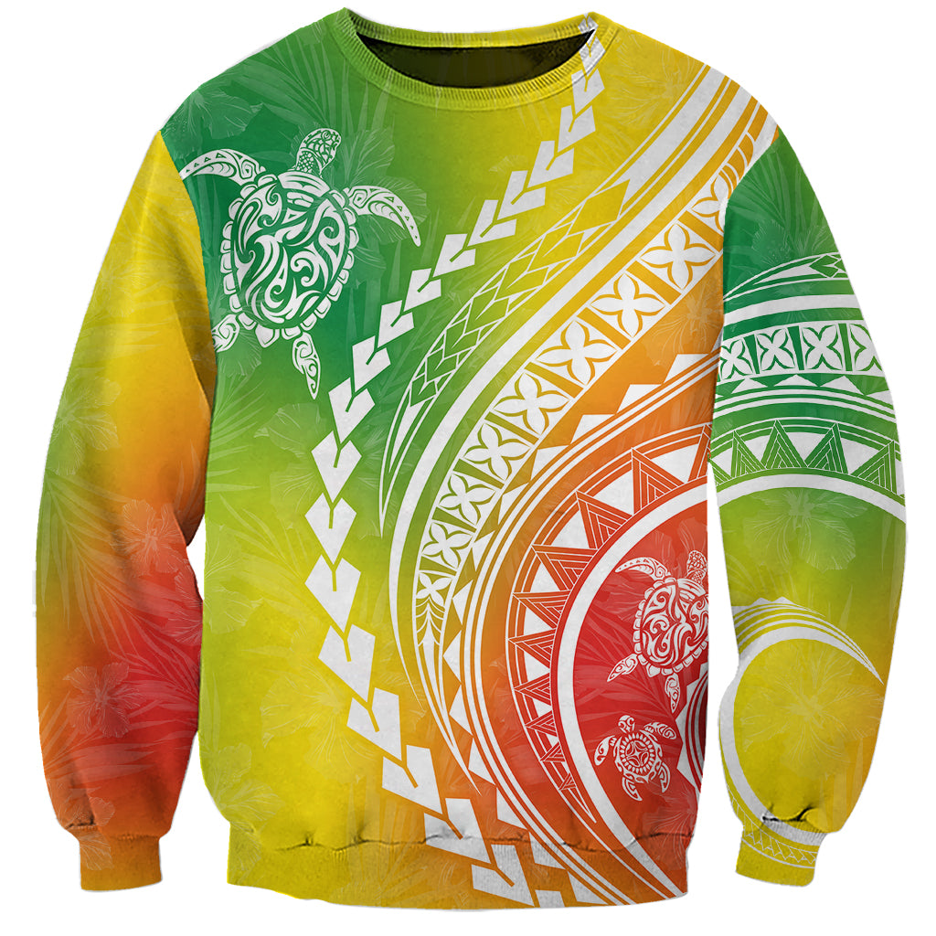Unisex crewneck sweatshirt with multicolor turtle and hibiscus graphic, long sleeves