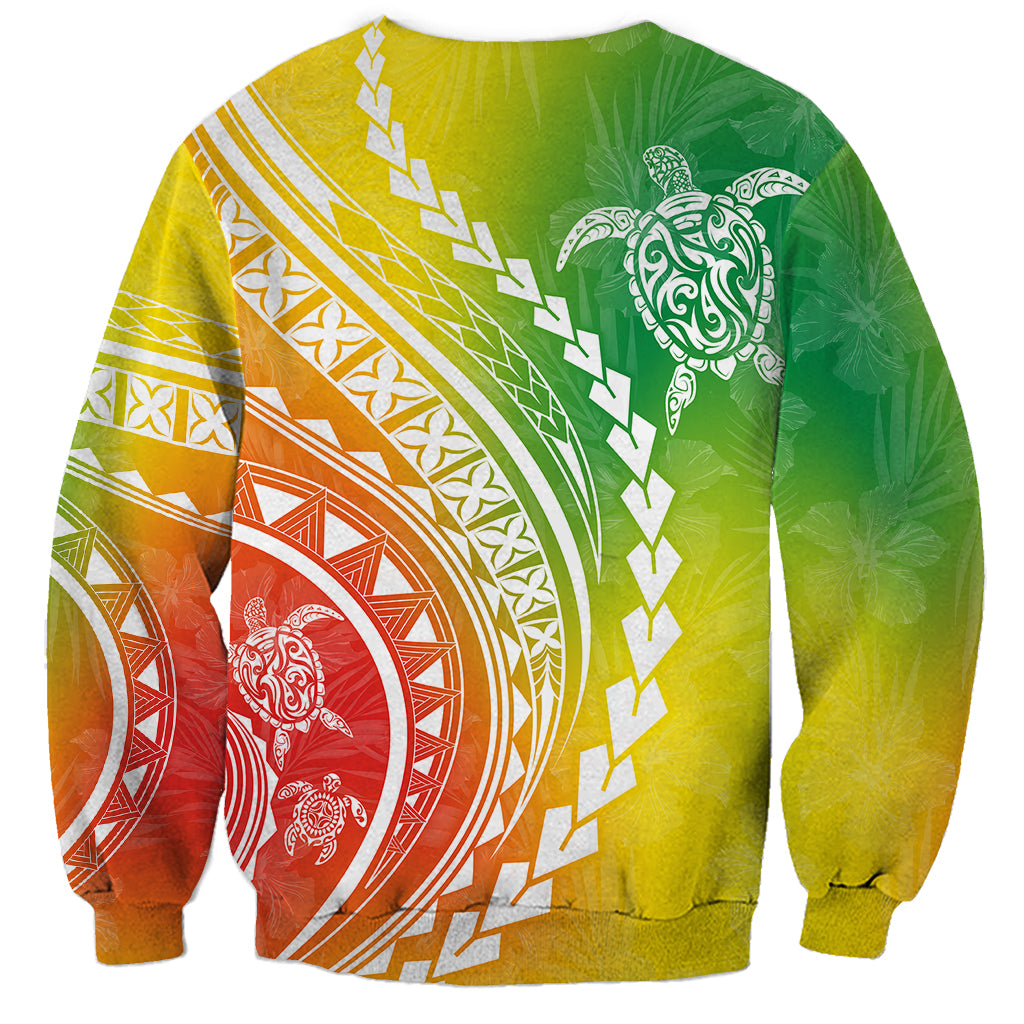 Unisex crewneck sweatshirt with green-yellow turtle graphic and orange-red geometric patterns