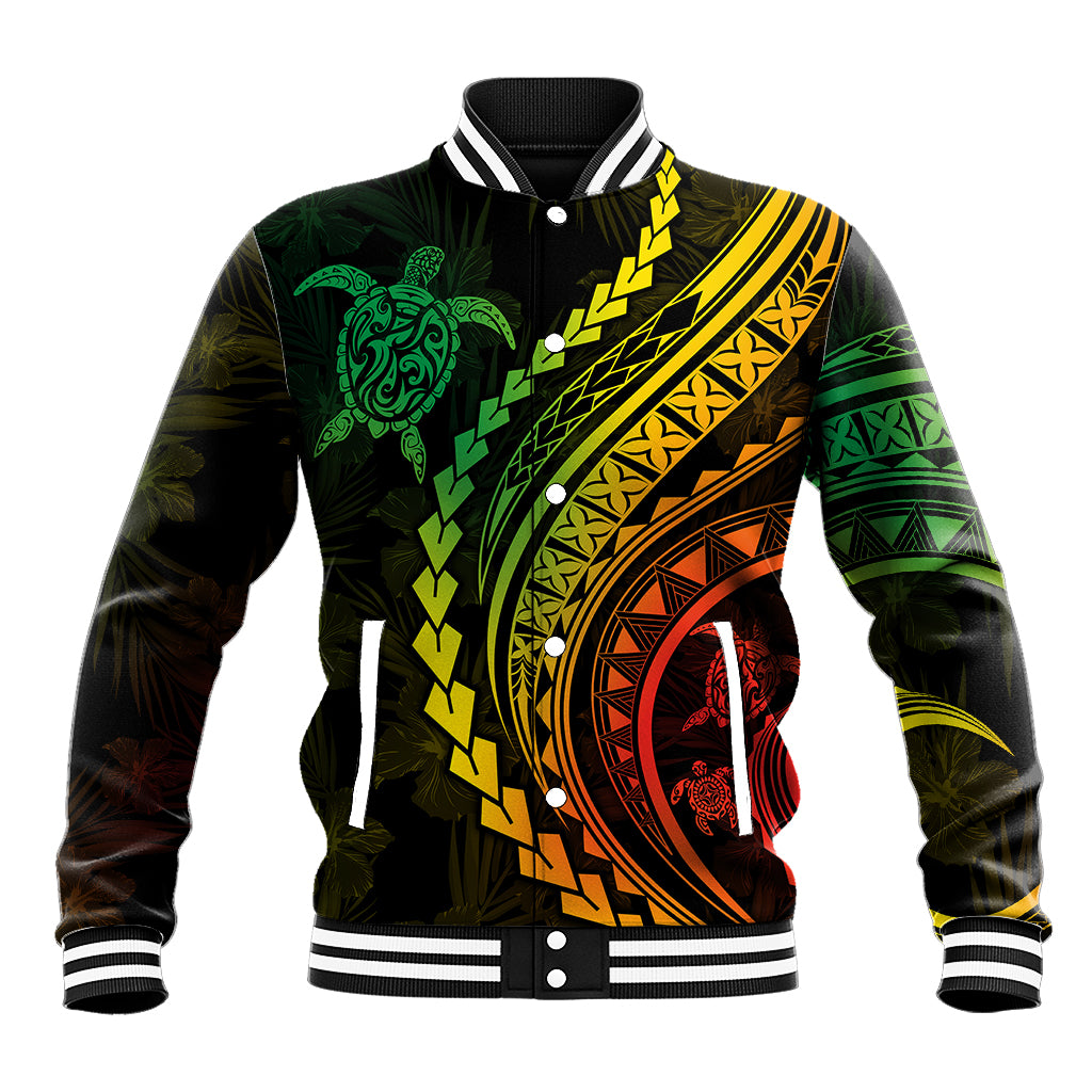 Unisex black baseball jacket with green turtle, hibiscus, and striped ribbed trim