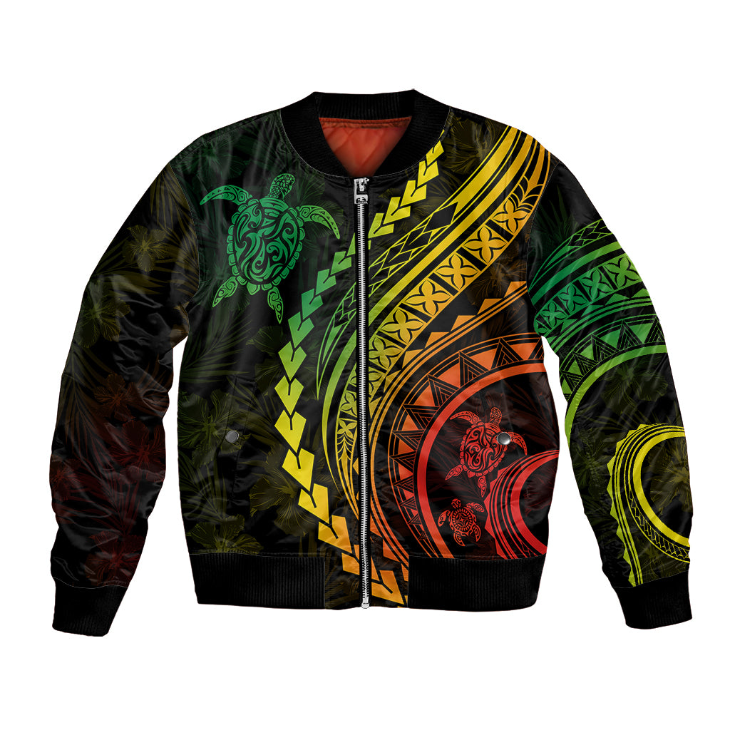 Unisex bomber jacket; black with green turtle, yellow/orange tribal print, zip front.