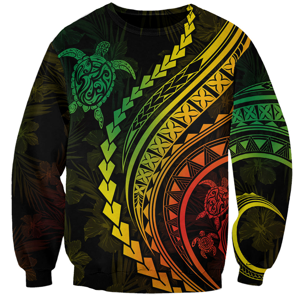 Unisex crewneck sweatshirt, dark base with green turtle and yellow/orange geometric print