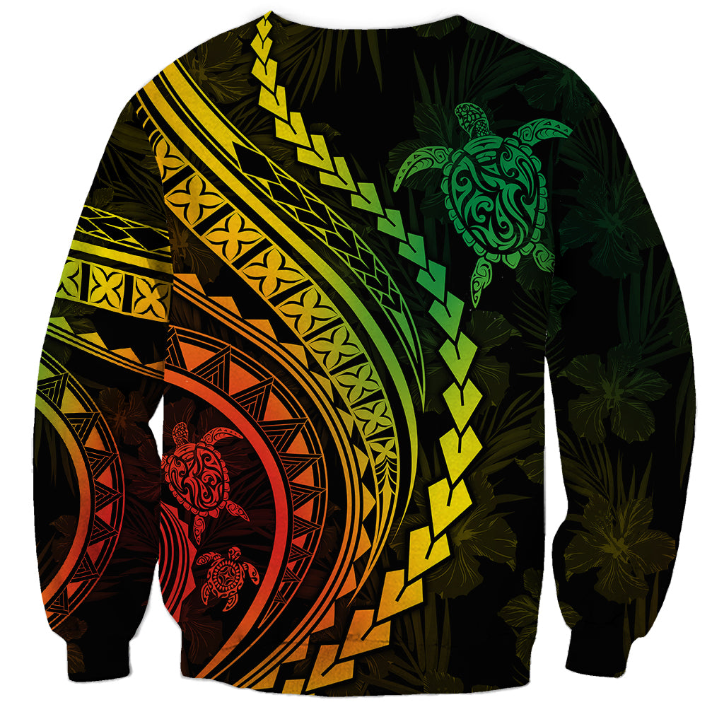 Unisex crewneck sweatshirt, dark base with green turtle and red/orange circular floral print