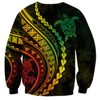 Unisex crewneck sweatshirt, dark base with green turtle and red/orange circular floral print