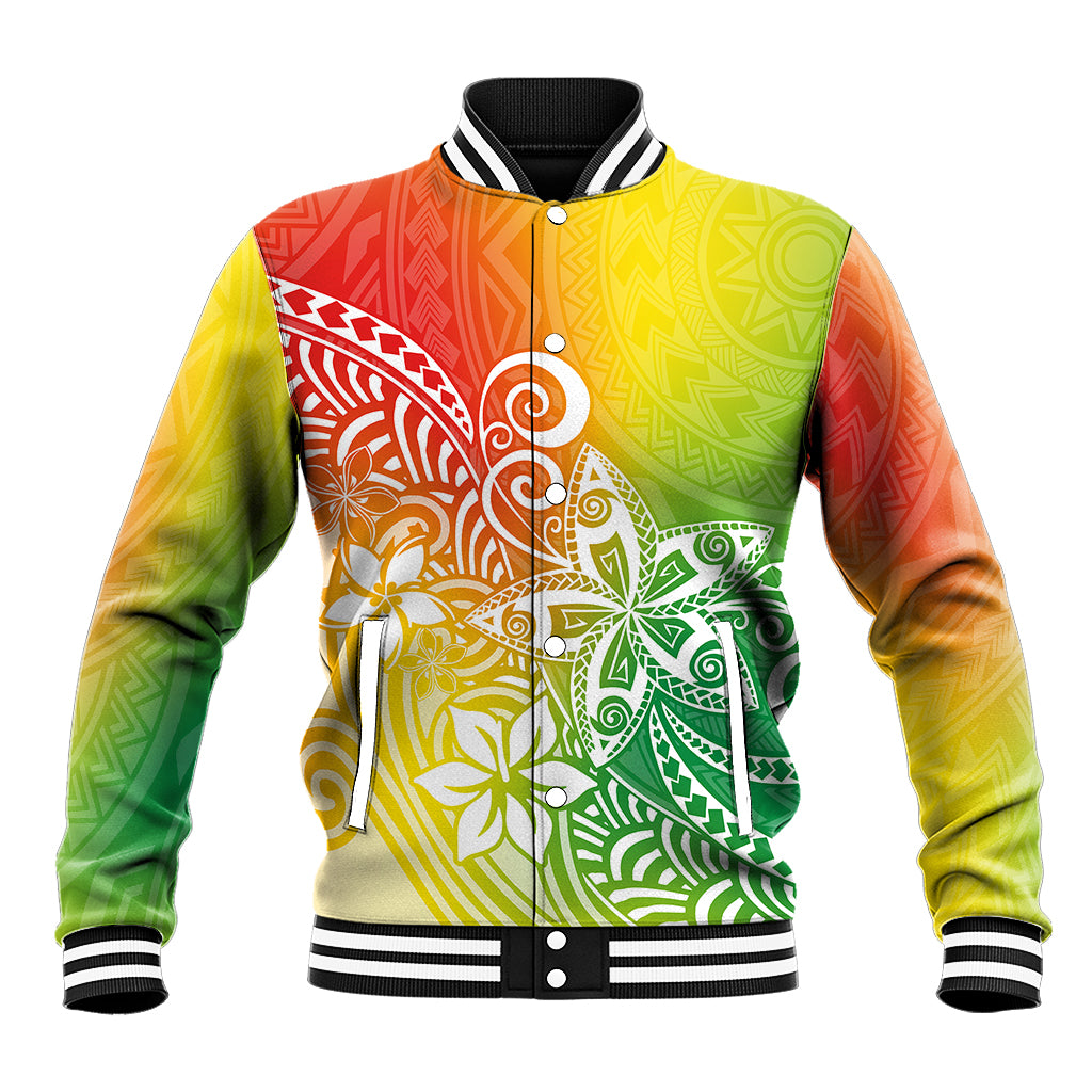 Multicolor baseball jacket with button front, ribbed collar and striped cuffs.