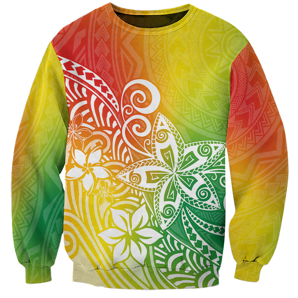 Unisex crewneck sweatshirt with long sleeves, yellow and green tropical graphic front