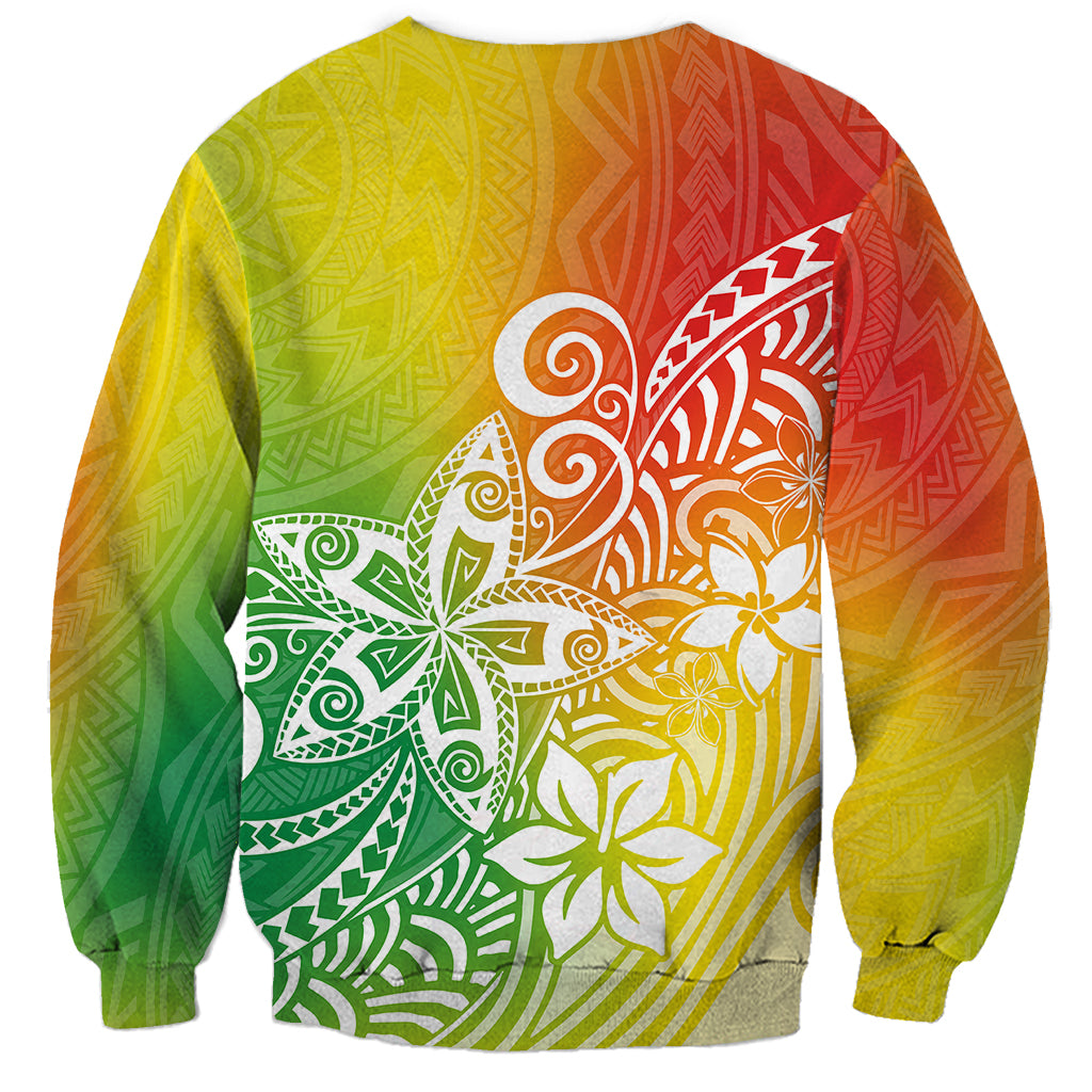Unisex crewneck sweatshirt with long sleeves, rainbow tropical graphic on back