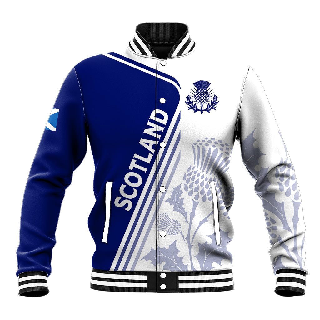 Blue and white Scotland rugby baseball jacket with thistle emblem and striped ribbed collar