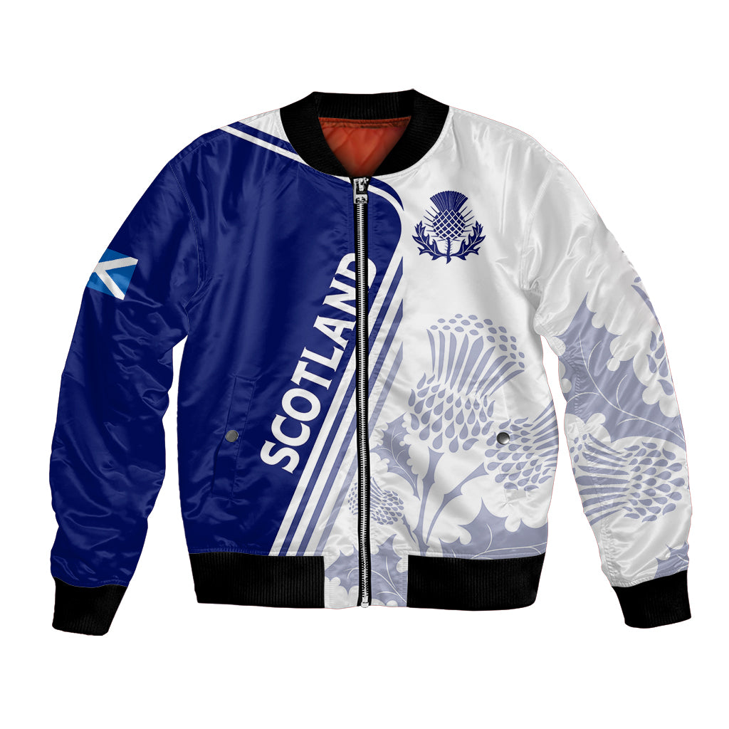 Two-tone blue and white bomber jacket with full zip, Scotland text, thistle crest