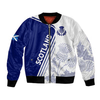 Two-tone blue and white bomber jacket with full zip, Scotland text, thistle crest