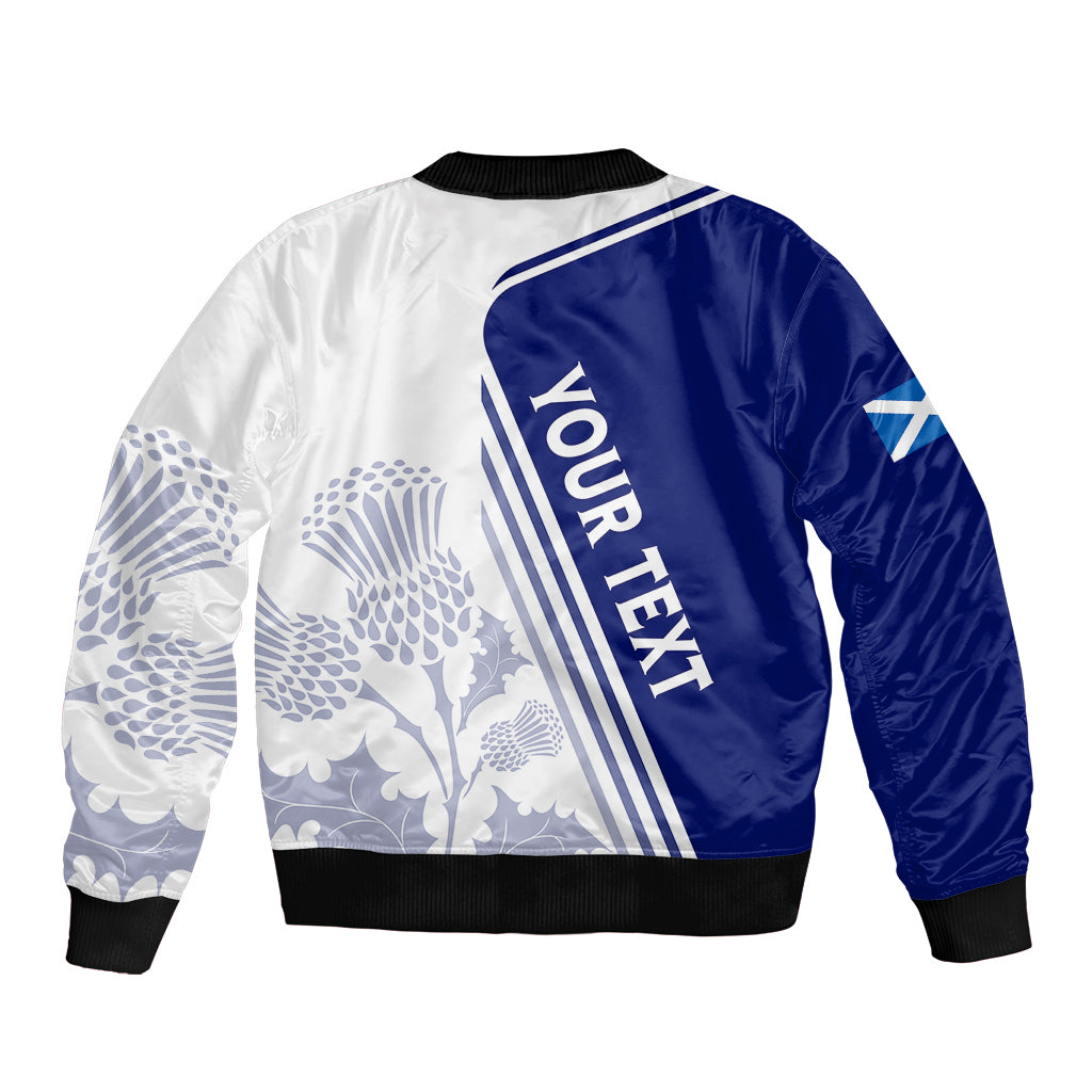 Blue and white bomber jacket with ribbed hem, back print with 'Your Text' and thistle