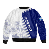 Blue and white bomber jacket with ribbed hem, back print with 'Your Text' and thistle