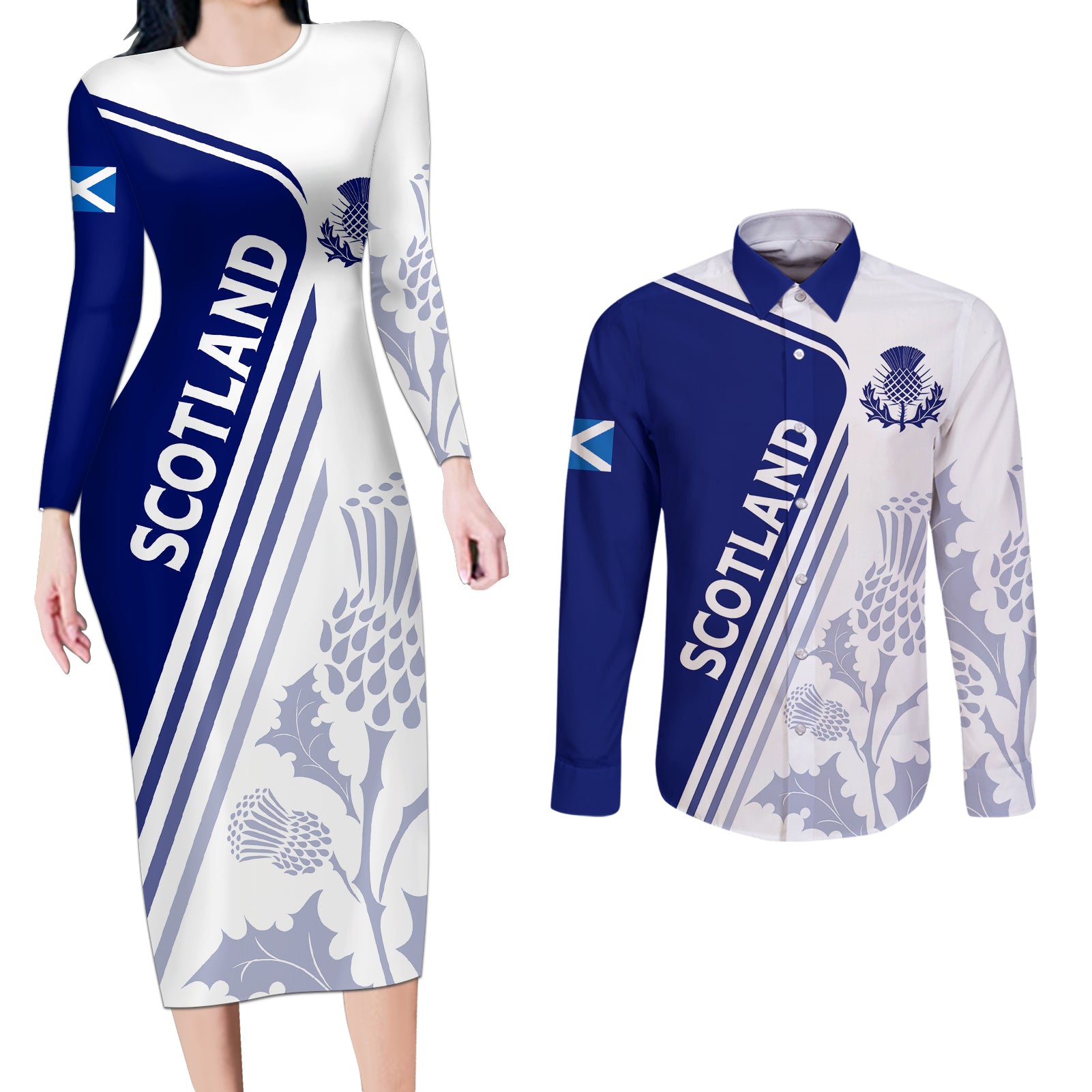 Personalised Scotland Rugby Couples Matching Long Sleeve Bodycon Dress and Long Sleeve Button Shirts 2023 World Cup The Thistle LT7 - Wonder Print Shop