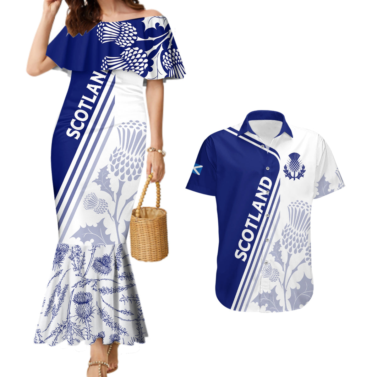 Personalised Scotland Rugby Couples Matching Mermaid Dress and Hawaiian Shirt 2023 World Cup The Thistle LT7 - Wonder Print Shop