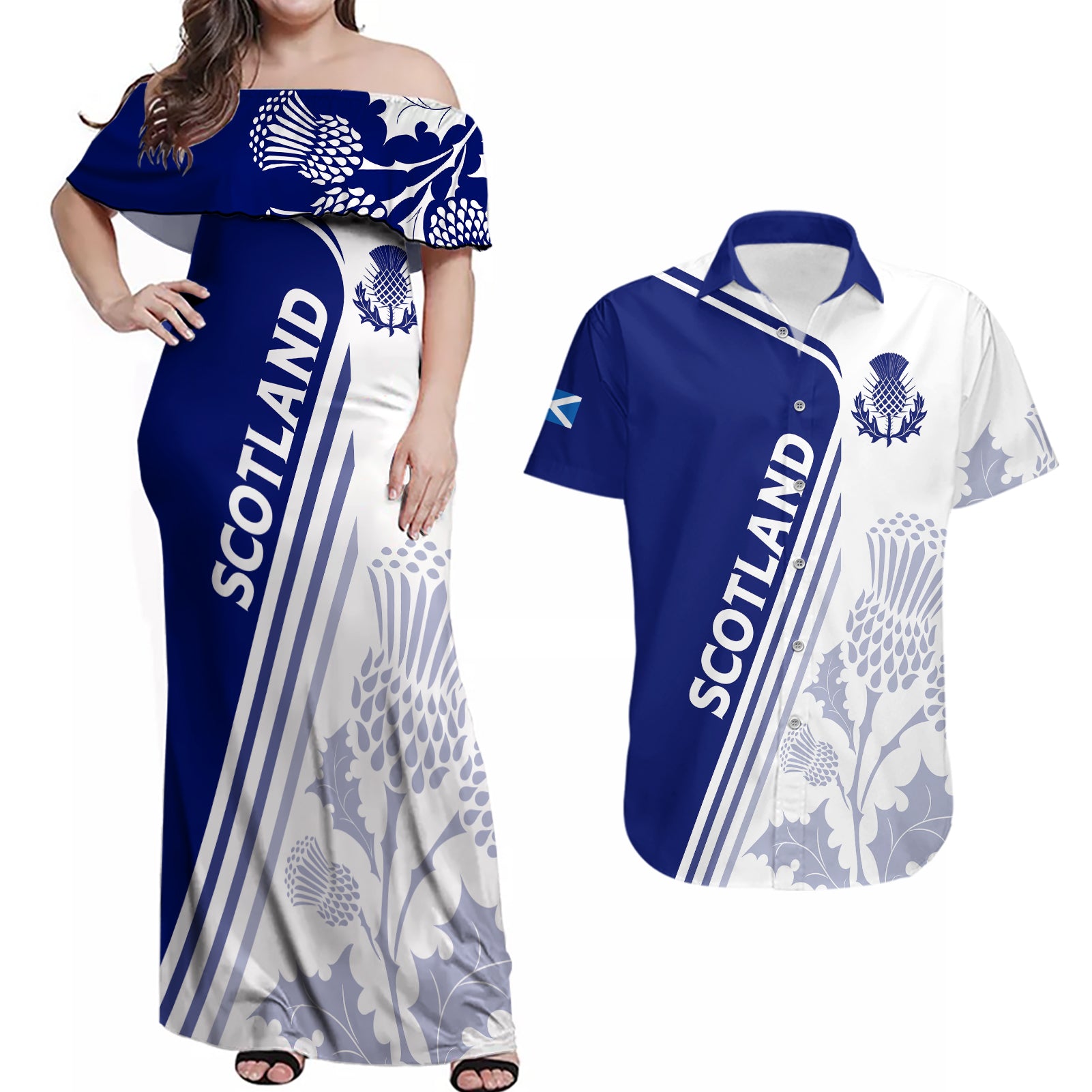 Personalised Scotland Rugby Couples Matching Off Shoulder Maxi Dress and Hawaiian Shirt 2023 World Cup The Thistle LT7 - Wonder Print Shop