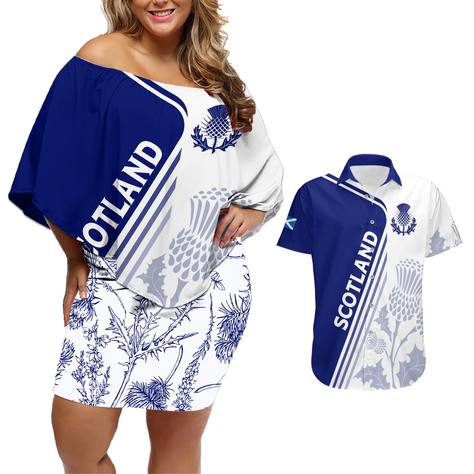 Personalised Scotland Rugby Couples Matching Off Shoulder Short Dress and Hawaiian Shirt 2023 World Cup The Thistle LT7 - Wonder Print Shop