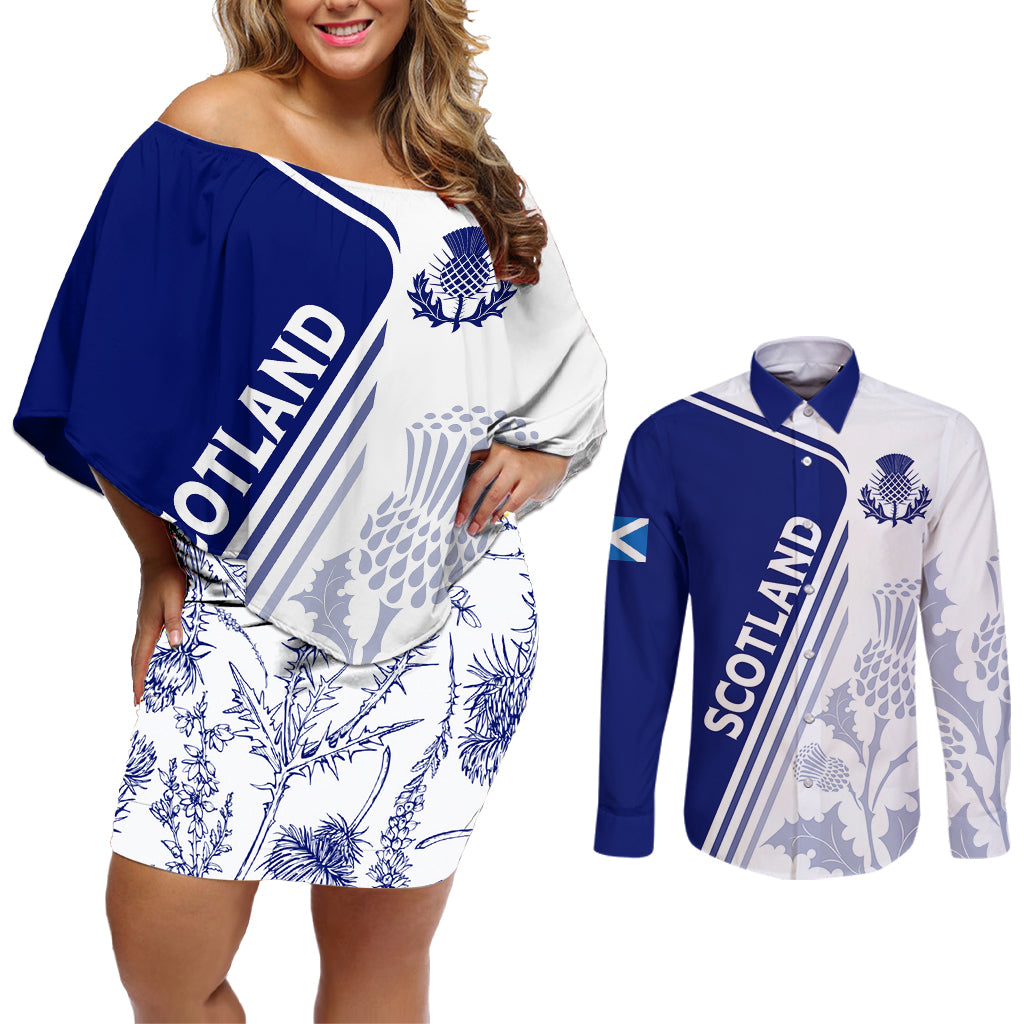 Personalised Scotland Rugby Couples Matching Off Shoulder Short Dress and Long Sleeve Button Shirts 2023 World Cup The Thistle LT7 - Wonder Print Shop