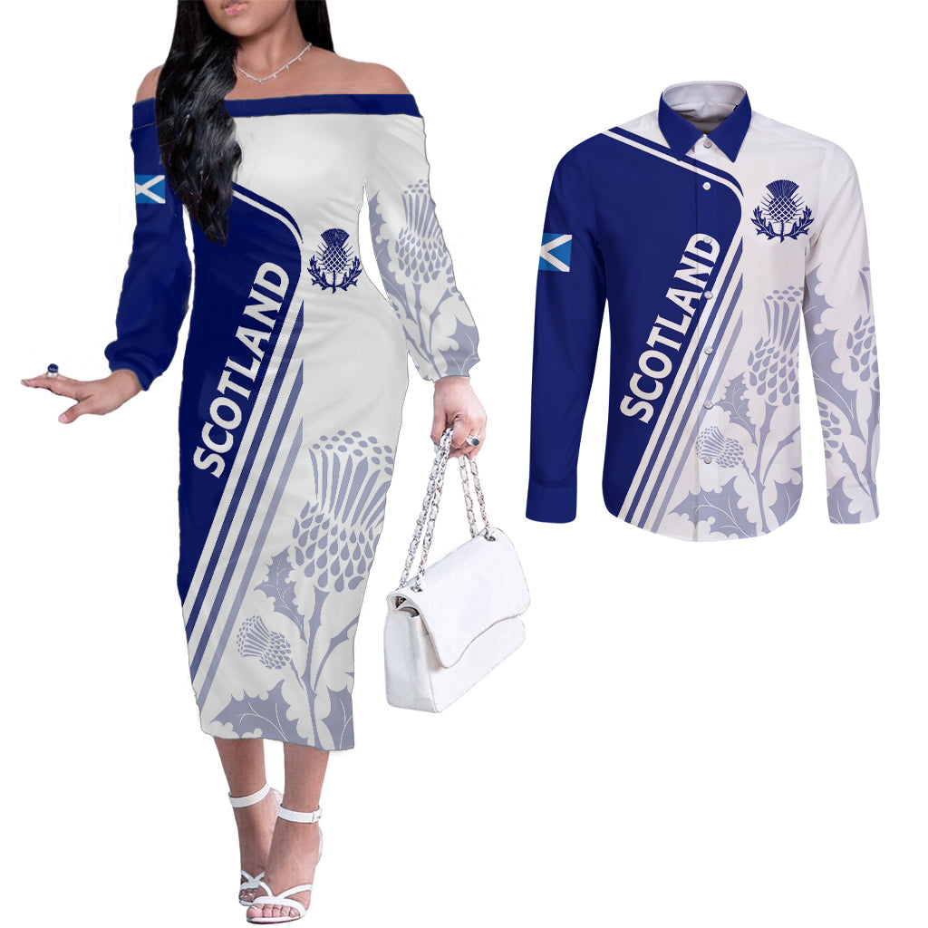 personalised-scotland-rugby-couples-matching-off-the-shoulder-long-sleeve-dress-and-long-sleeve-button-shirts-2023-world-cup-the-thistle