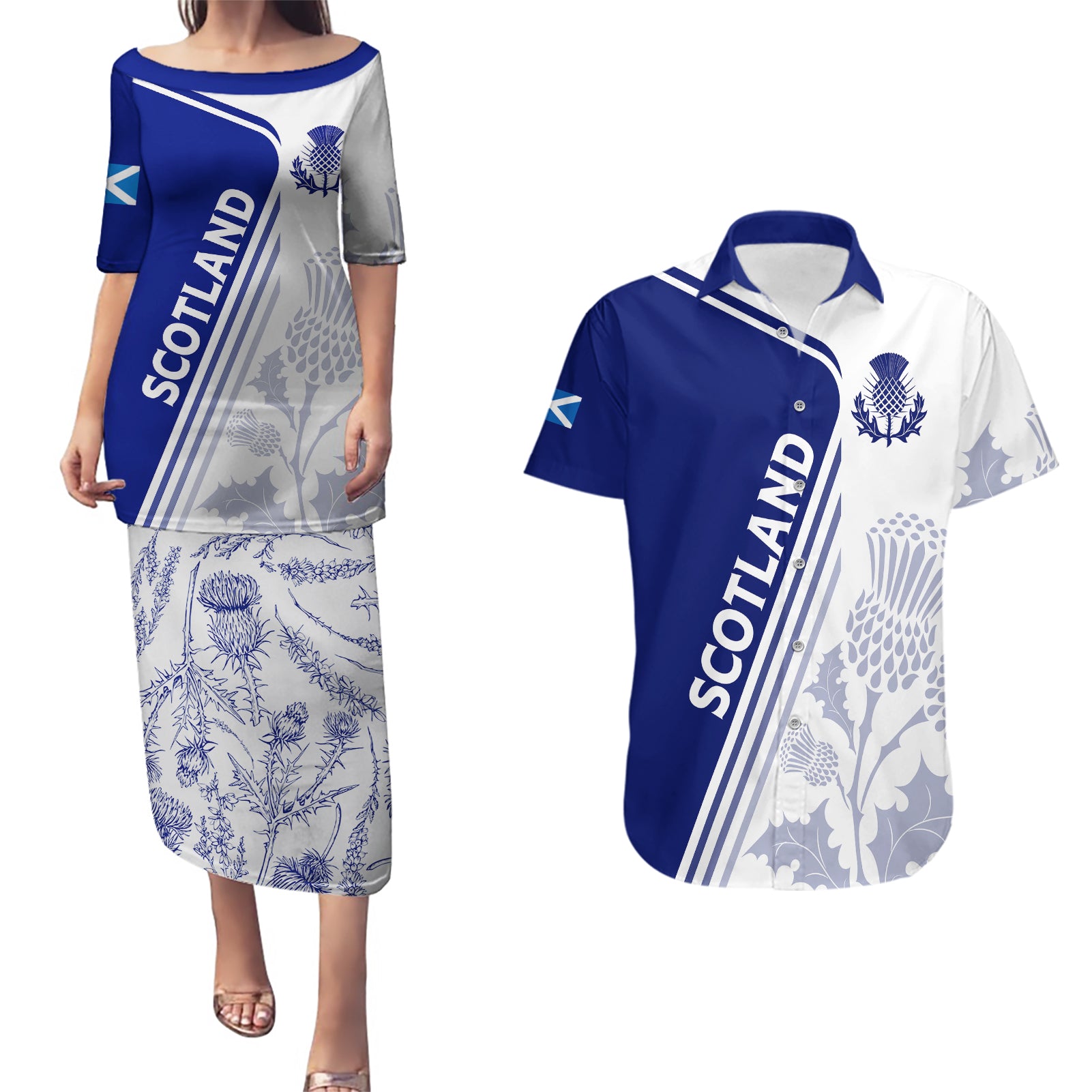 Personalised Scotland Rugby Couples Matching Puletasi Dress and Hawaiian Shirt 2023 World Cup The Thistle LT7 - Wonder Print Shop