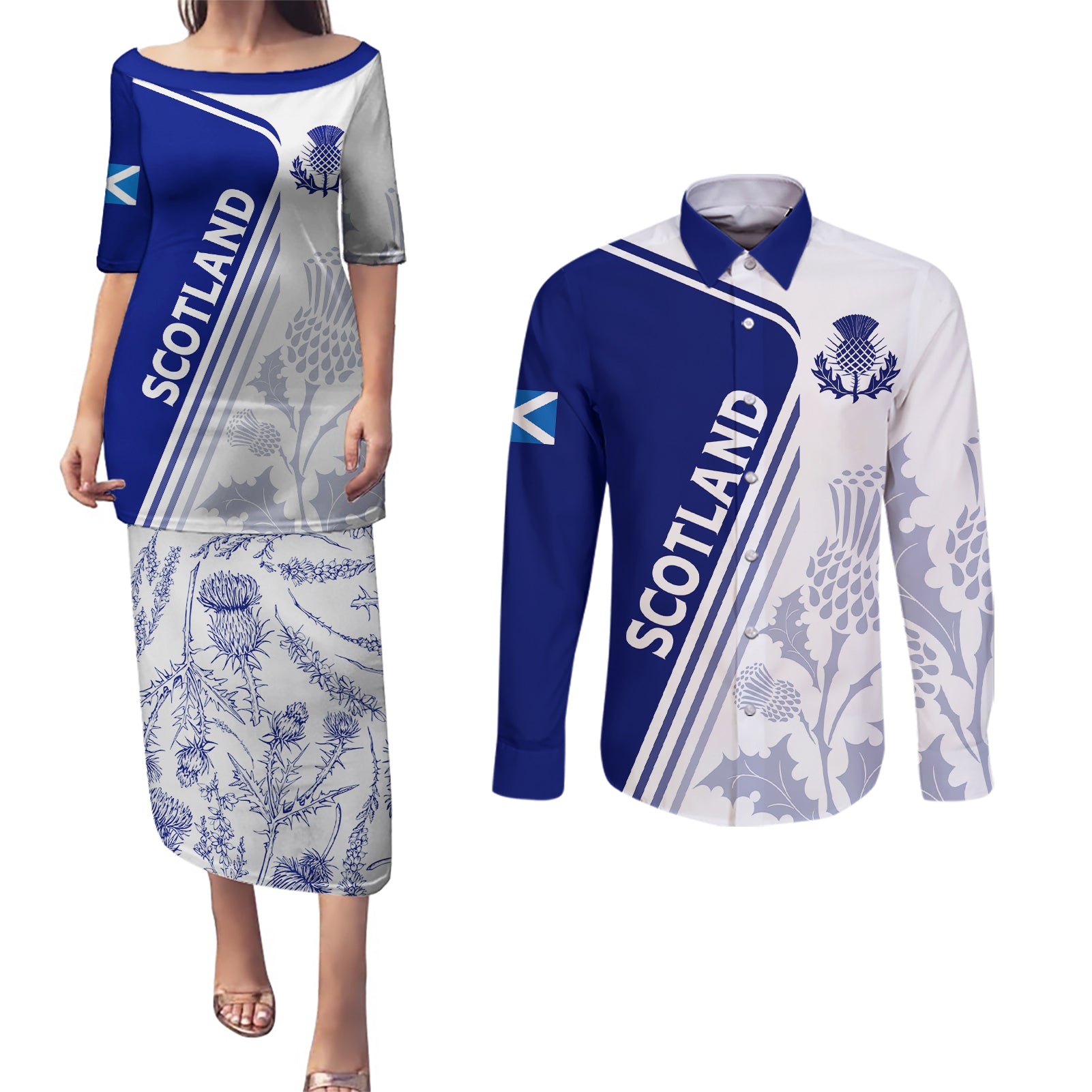 Personalised Scotland Rugby Couples Matching Puletasi Dress and Long Sleeve Button Shirts 2023 World Cup The Thistle LT7 - Wonder Print Shop