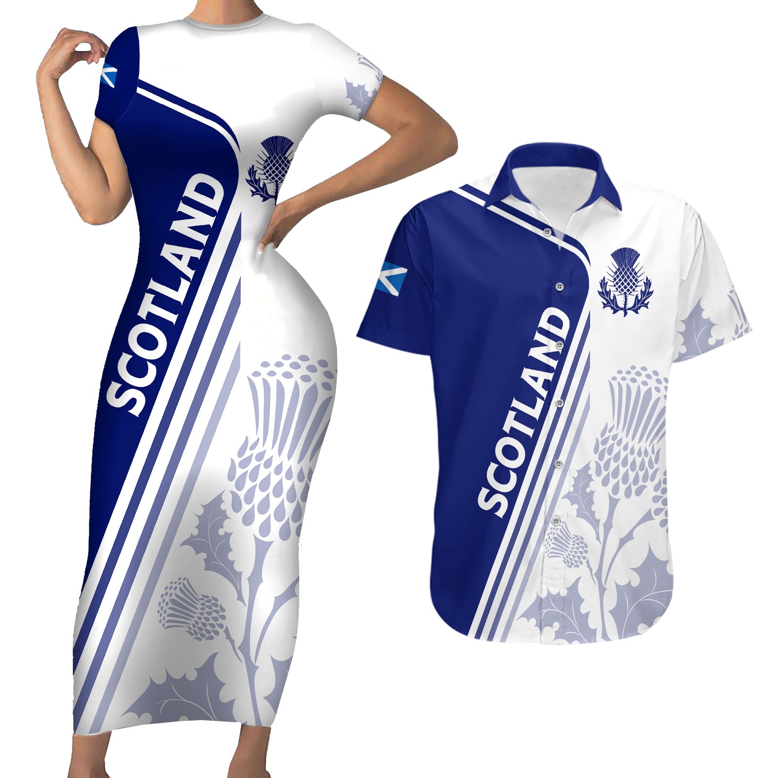 Personalised Scotland Rugby Couples Matching Short Sleeve Bodycon Dress and Hawaiian Shirt 2023 World Cup The Thistle LT7 - Wonder Print Shop