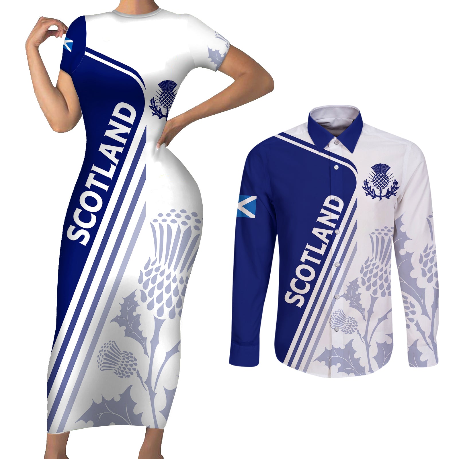 Personalised Scotland Rugby Couples Matching Short Sleeve Bodycon Dress and Long Sleeve Button Shirts 2023 World Cup The Thistle LT7 - Wonder Print Shop