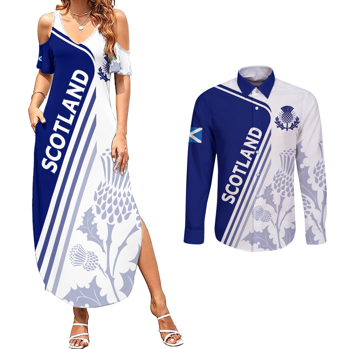 Personalised Scotland Rugby Couples Matching Summer Maxi Dress and Long Sleeve Button Shirts 2023 World Cup The Thistle LT7 - Wonder Print Shop