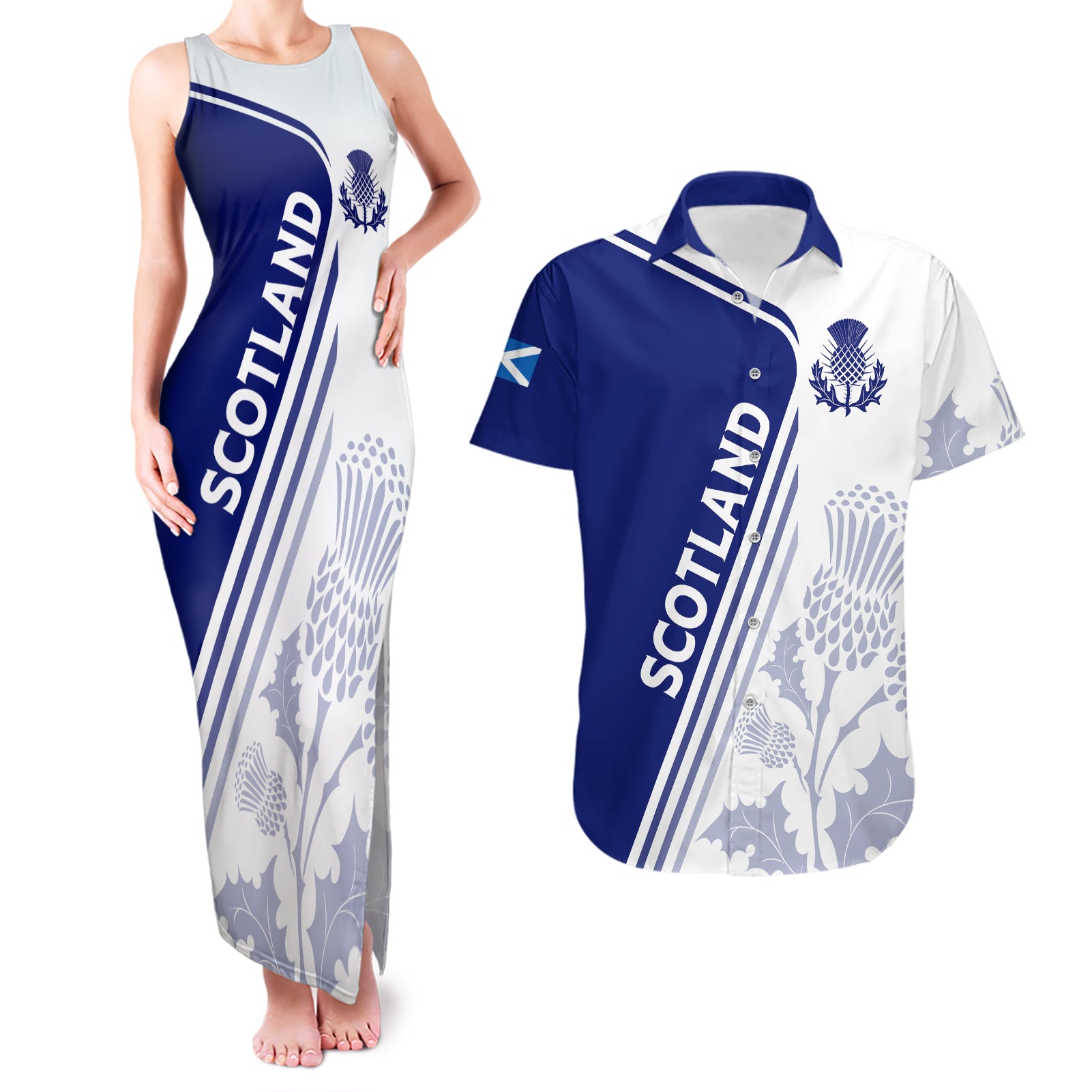 Personalised Scotland Rugby Couples Matching Tank Maxi Dress and Hawaiian Shirt 2023 World Cup The Thistle LT7 - Wonder Print Shop