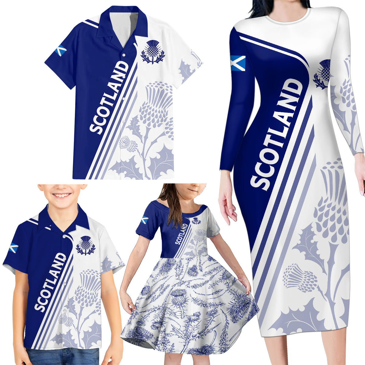 Personalised Scotland Rugby Family Matching Long Sleeve Bodycon Dress and Hawaiian Shirt 2023 World Cup The Thistle LT7 - Wonder Print Shop