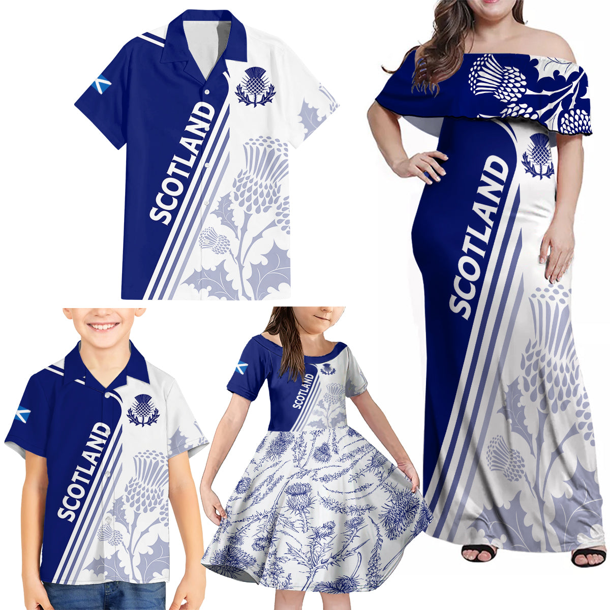 Personalised Scotland Rugby Family Matching Off Shoulder Maxi Dress and Hawaiian Shirt 2023 World Cup The Thistle LT7 - Wonder Print Shop