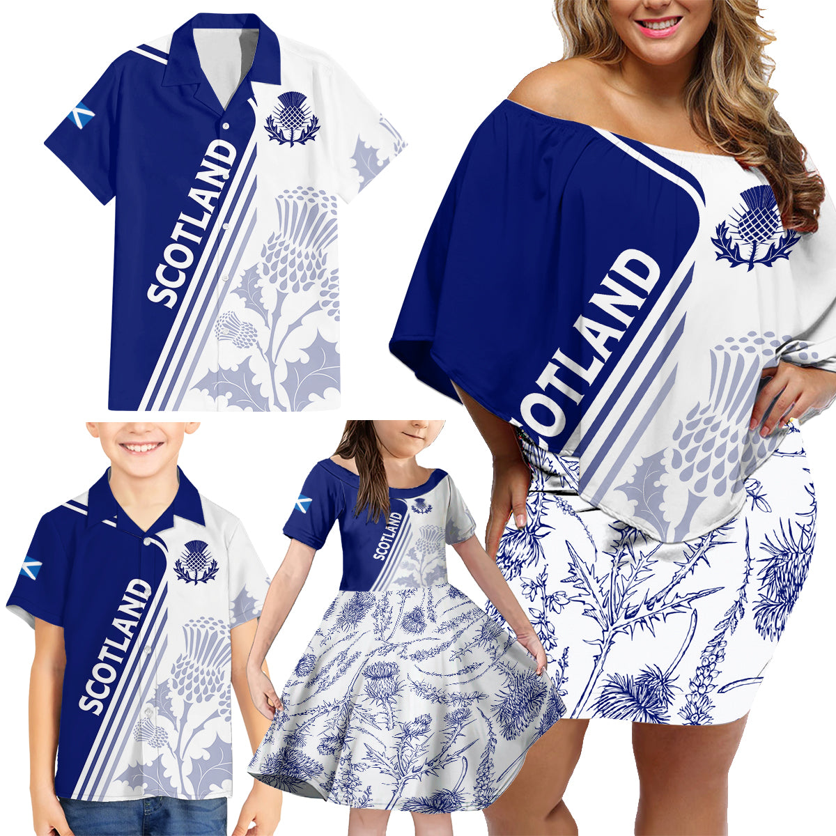 Personalised Scotland Rugby Family Matching Off Shoulder Short Dress and Hawaiian Shirt 2023 World Cup The Thistle LT7 - Wonder Print Shop