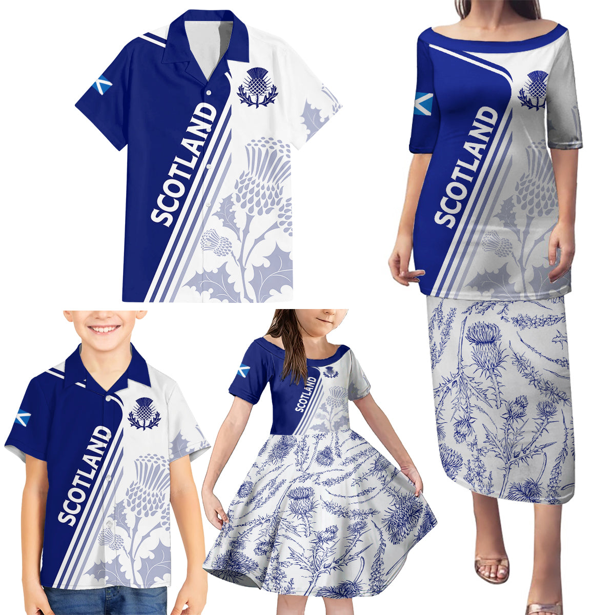 Personalised Scotland Rugby Family Matching Puletasi Dress and Hawaiian Shirt 2023 World Cup The Thistle - Wonder Print Shop