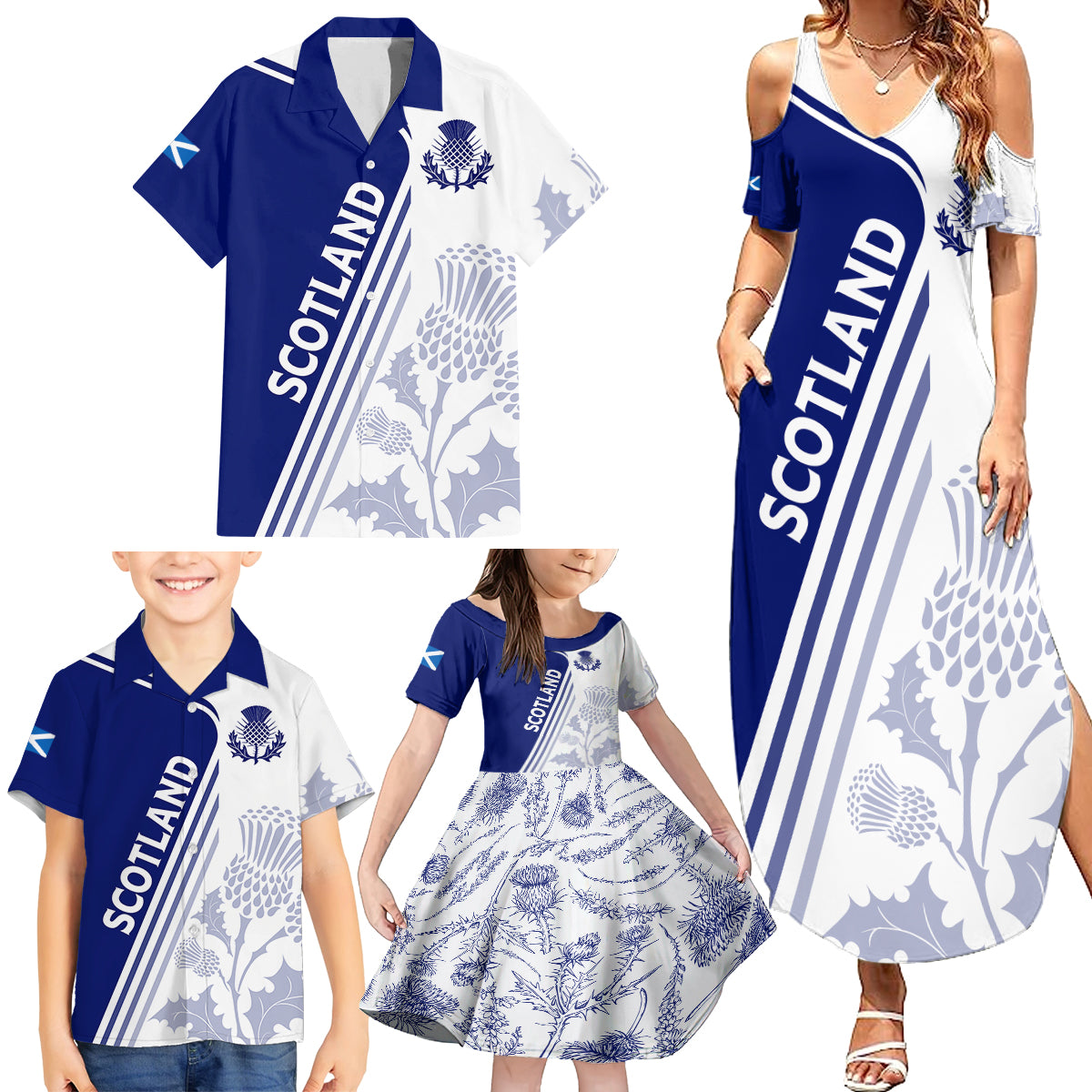 Personalised Scotland Rugby Family Matching Summer Maxi Dress and Hawaiian Shirt 2023 World Cup The Thistle - Wonder Print Shop