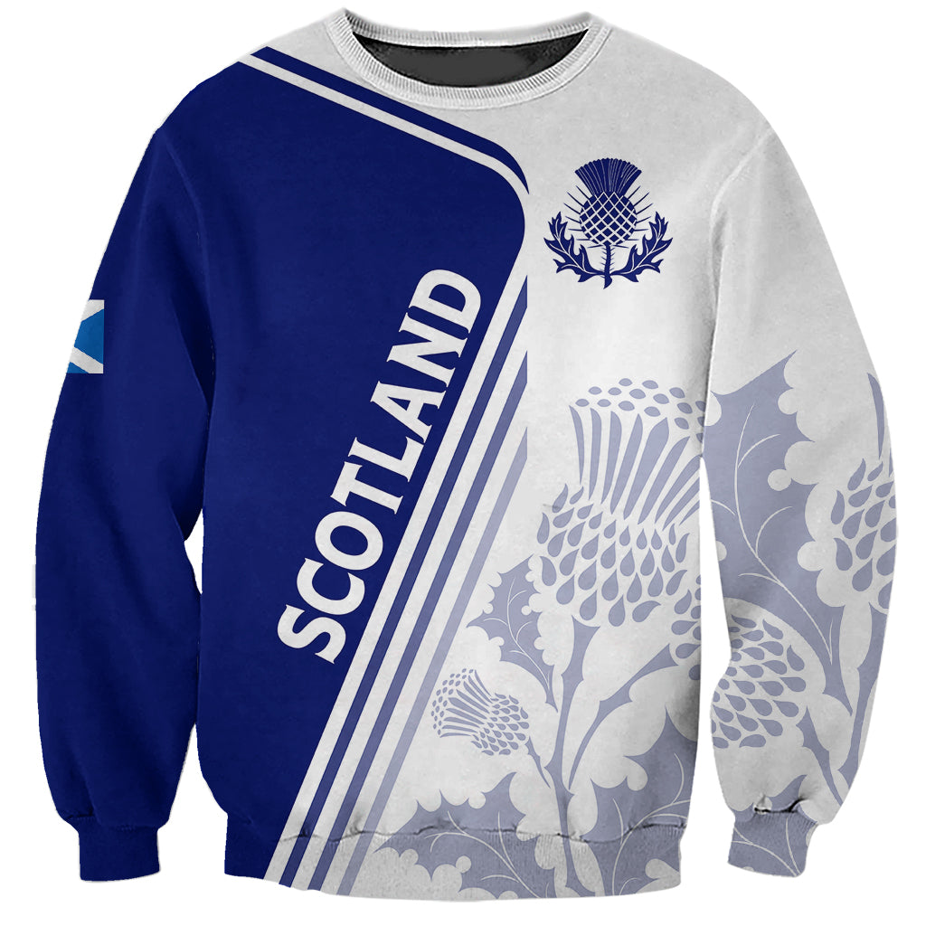 Scotland rugby sweatshirt with blue and light gray panels, crew neck, and thistle front print