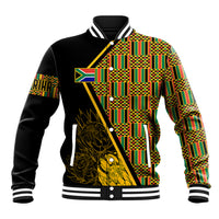 Black baseball jacket with multicolor kente-style panels and gold graphic front