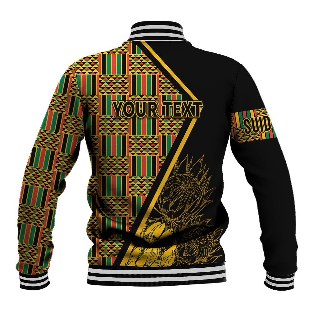 Back view baseball jacket with multicolor panels, ribbed collar/hem, and 'YOUR TEXT'