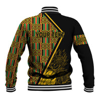 Back view baseball jacket with multicolor panels, ribbed collar/hem, and 'YOUR TEXT'