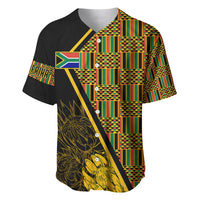 Black baseball jersey with green and gold kente patchwork, floral print and diagonal stripe