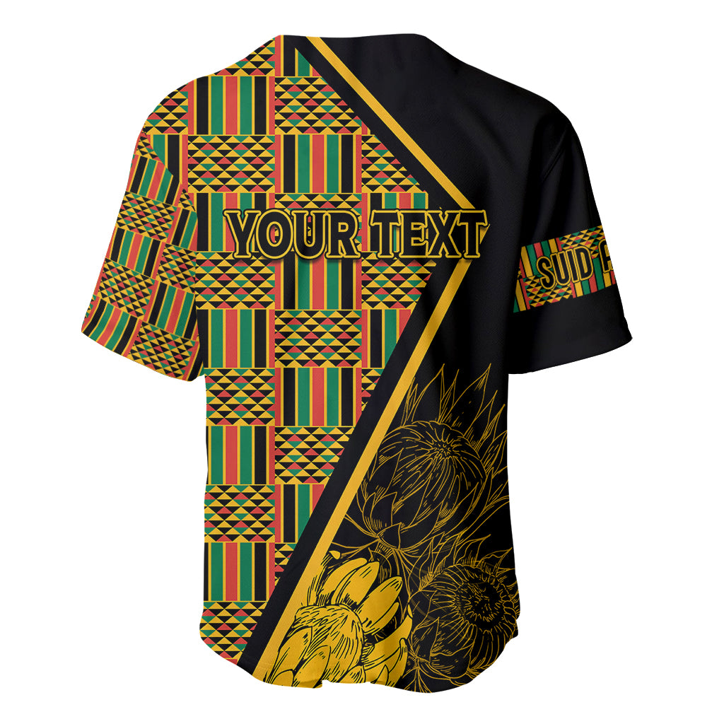 Black baseball jersey with green kente panels, floral art, diagonal sash, 'YOUR TEXT'