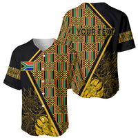 Black baseball jersey with green kente panels, floral print, diagonal stripe, 'YOUR TEXT'