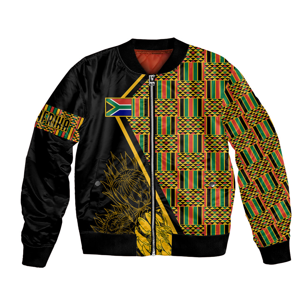Green, yellow, red kente-pattern bomber jacket with black front zip and ribbed cuffs