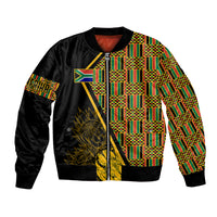 Green, yellow, red kente-pattern bomber jacket with black front zip and ribbed cuffs