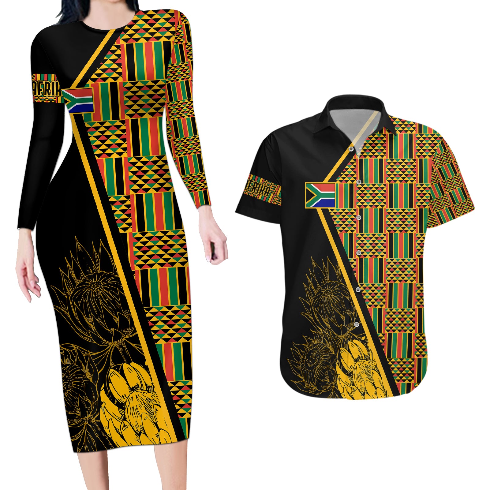 Personalised South African Heritage Day Couples Matching Long Sleeve Bodycon Dress and Hawaiian Shirt Kente Ethnic Patterns Mix Protea LT7 - Wonder Print Shop