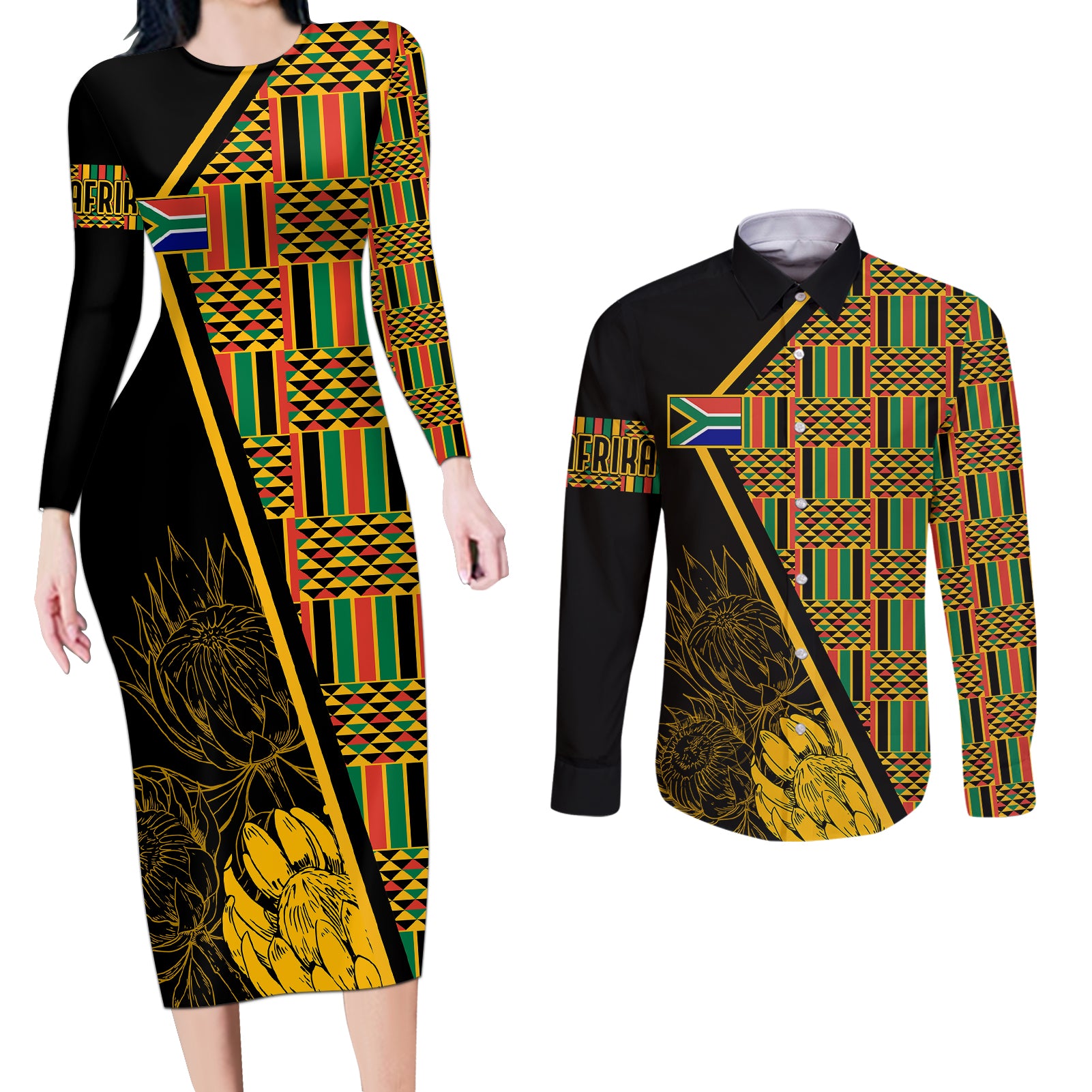 Personalised South African Heritage Day Couples Matching Long Sleeve Bodycon Dress and Long Sleeve Button Shirts Kente Ethnic Patterns Mix Protea LT7 - Wonder Print Shop