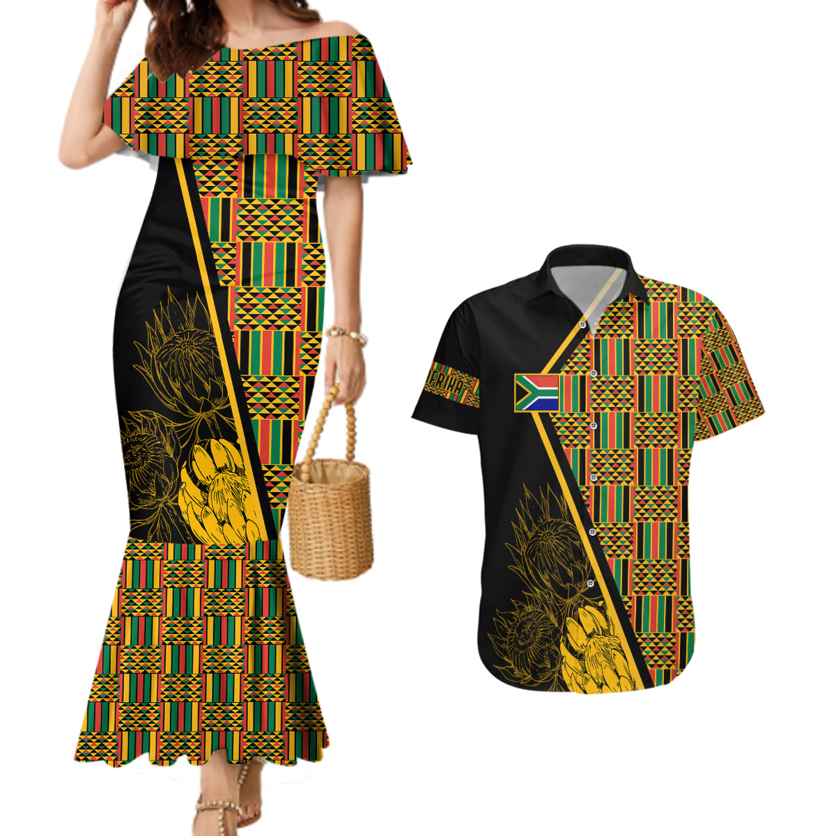 Personalised South African Heritage Day Couples Matching Mermaid Dress and Hawaiian Shirt Kente Ethnic Patterns Mix Protea LT7 - Wonder Print Shop